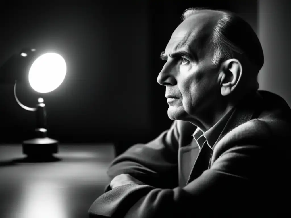 En la imagen se ve a Ingmar Bergman en una habitación con poca luz, iluminado por un foco mientras contempla en silencio