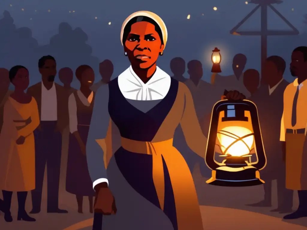 La imagen muestra a Harriet Tubman liderando la lucha incansable por la libertad, iluminando el camino hacia la esperanza en la oscuridad de la noche