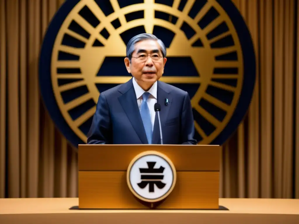 En la imagen, Haruhiko Kuroda irradia autoridad en una conferencia de prensa, destacando su enfoque innovador