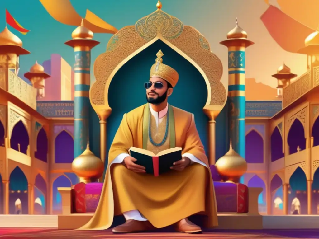 En la imagen, Harún al Rashid se sienta en un trono dorado, rodeado de lujo y opulencia, reflejando la influencia de Harún al Rashid en la literatura