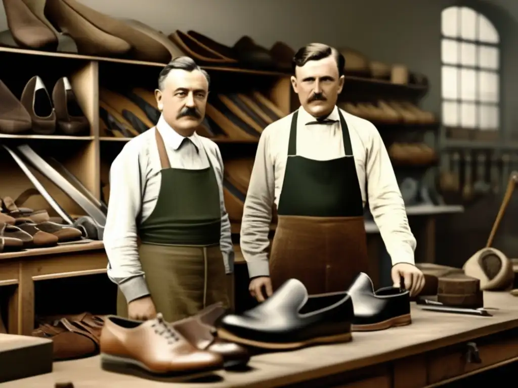 En la imagen, los hermanos Dassler, Rudolf y Adolf, crean zapatos deportivos en su taller, mostrando su innovación y dedicación