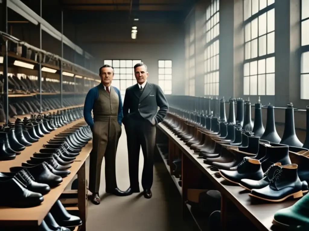 La imagen muestra a los hermanos Dassler en su taller de calzado, con maquinaria detallada y una iluminación dramática