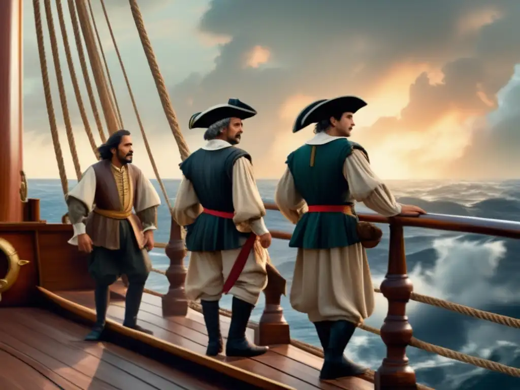 Una imagen de alta resolución de los Hermanos Pinzón navegando con Colón; rostros determinados, mirando al horizonte en cubierta