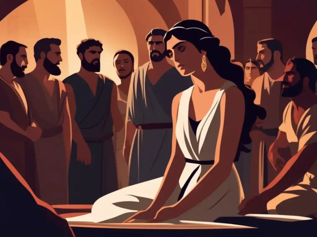 La imagen muestra a Hipatia de Alejandría enfrentando con valentía y gracia a sus opresores, rodeada de hombres sombríos