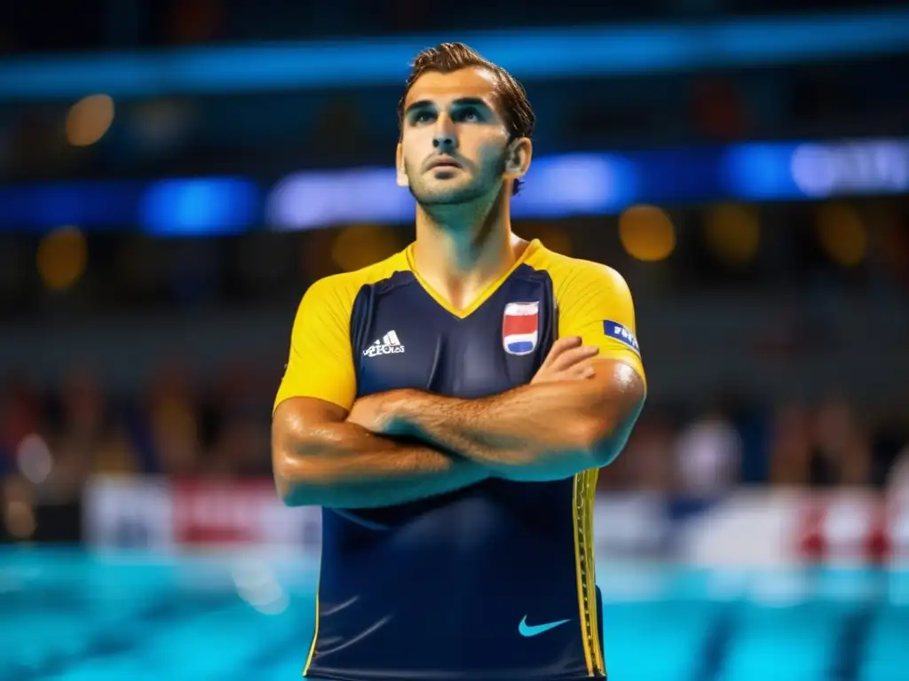 Imagen: Historia de Dezső Gyarmati en waterpolo, con determinación y orgullo en su mirada, en un estadio lleno de fans