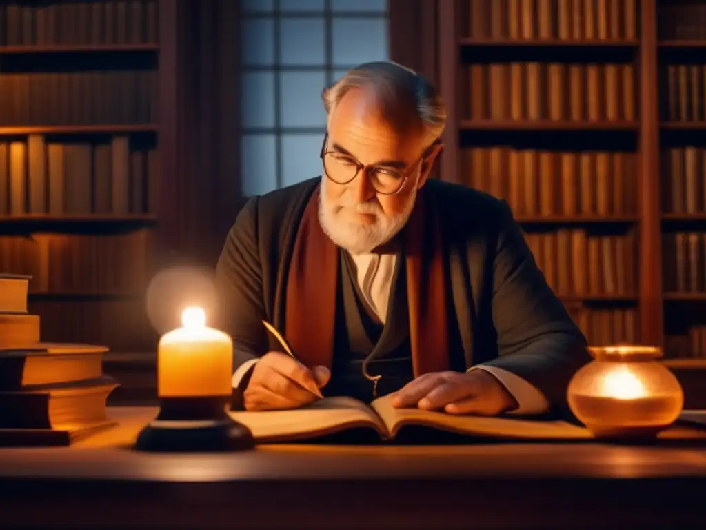 En la imagen, George Grote, historiador, estudia textos antiguos en su escritorio iluminado por una lámpara de aceite