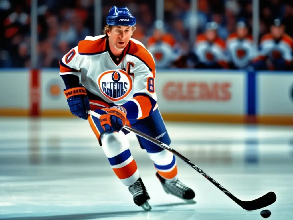 Imagen de Wayne Gretzky revolucionando el hockey con su determinación y habilidad en el hielo