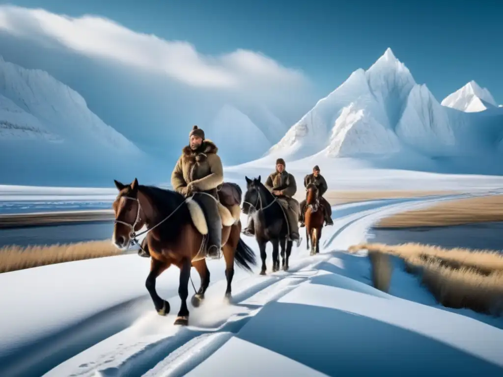 En la imagen se muestra la expedición de Yermak Timoféyevich hacia Siberia, con hombres y caballos atravesando un paso de montaña nevado