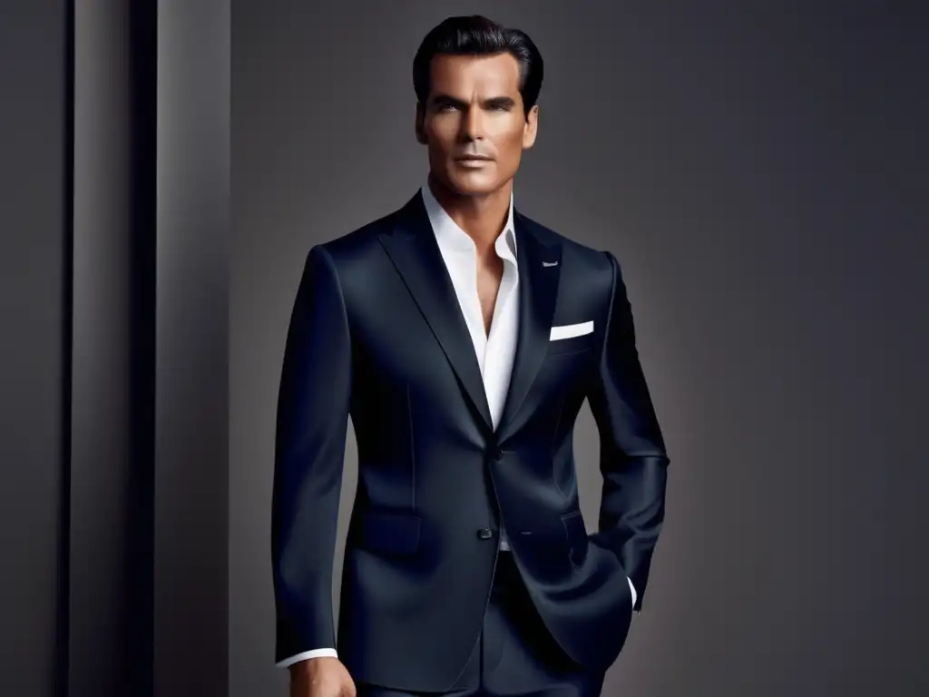 La imagen muestra la icónica chaqueta de sastre de Giorgio Armani con detalles de costura, tela lujosa y sutiles marcas