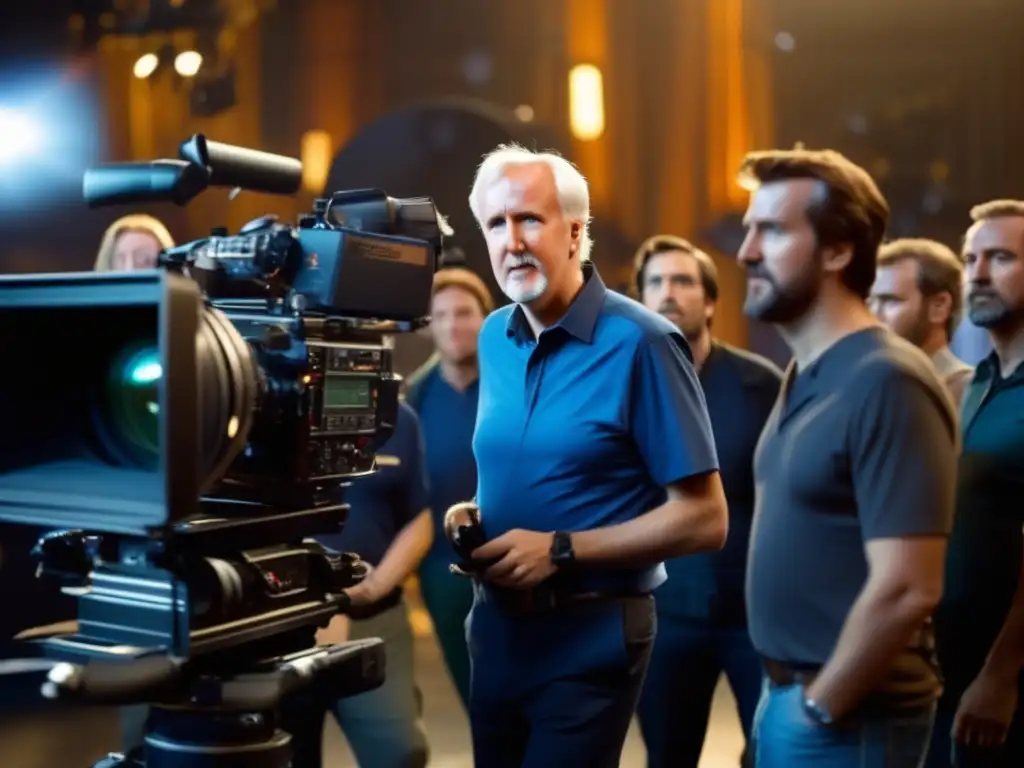 Una imagen de alta resolución de James Cameron dirigiendo una de sus icónicas películas, rodeado de un equipo dedicado y actores, con una mirada de determinación y creatividad en su rostro