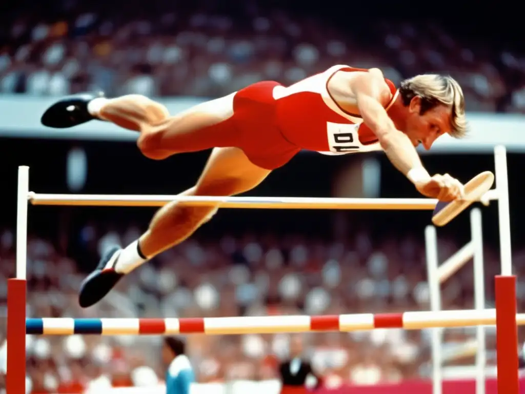 En la imagen, Dick Fosbury realiza su icónico salto, con intensidad en sus ojos, el cuerpo curvado sobre la barra y la multitud expectante