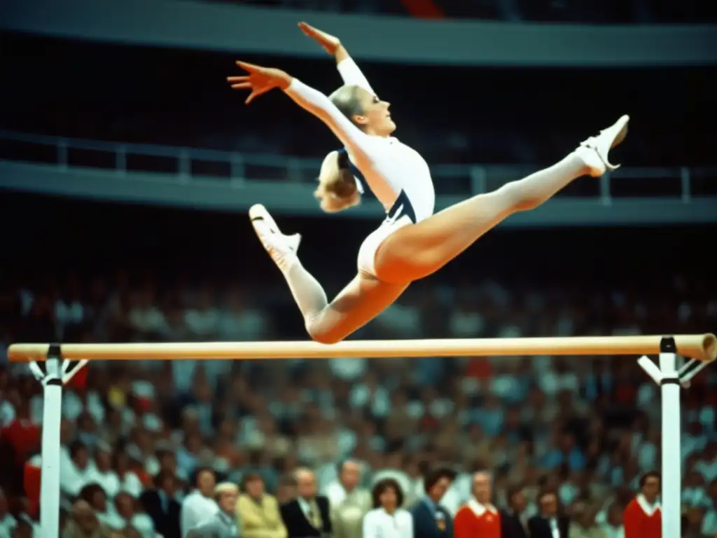 Una imagen de alta resolución de Olga Korbut realizando su icónico salto mortal en la viga de equilibrio durante los Juegos Olímpicos de 1972 en Munich