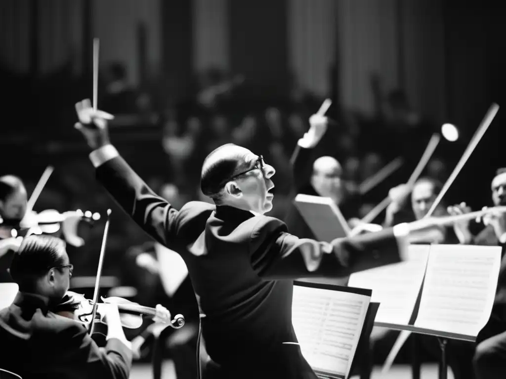 La imagen muestra a Igor Stravinsky dirigiendo una orquesta con pasión y dinamismo