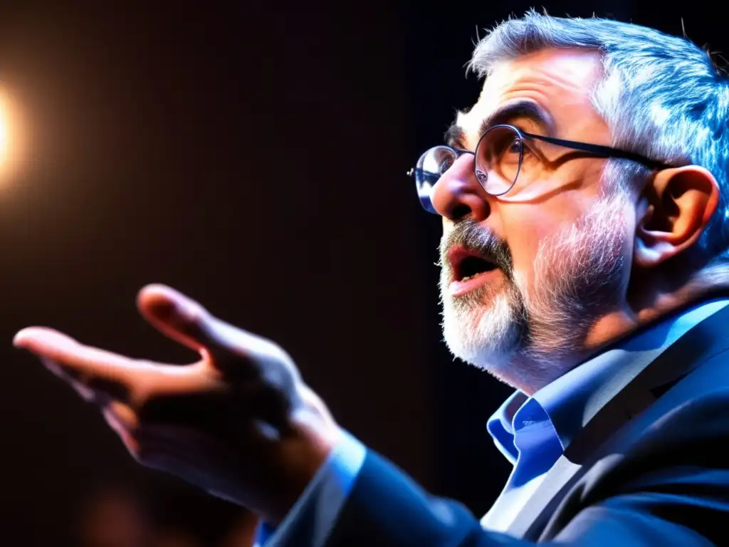 Una imagen impactante de Paul Krugman dando una apasionada conferencia, con el público cautivado por sus opiniones