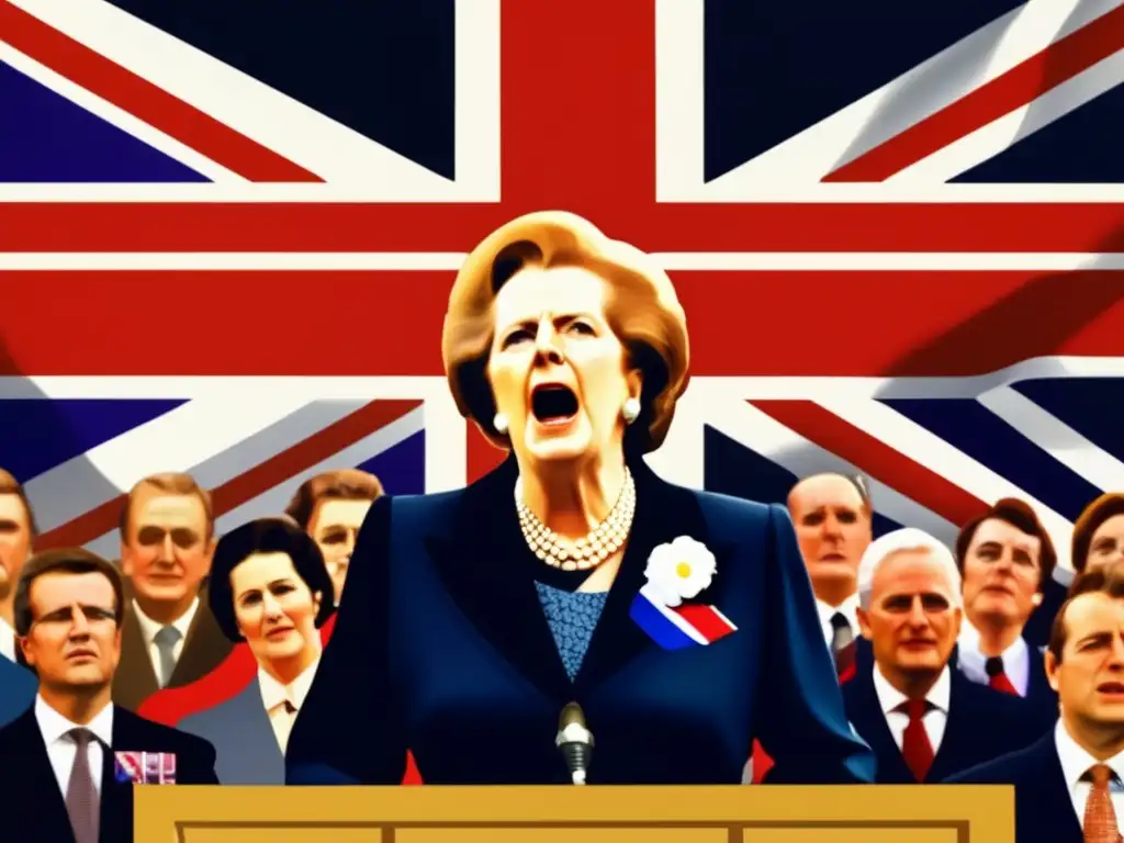 Una imagen impactante de Margaret Thatcher dando un apasionado discurso frente a una multitud, con la bandera del Reino Unido ondeando al fondo