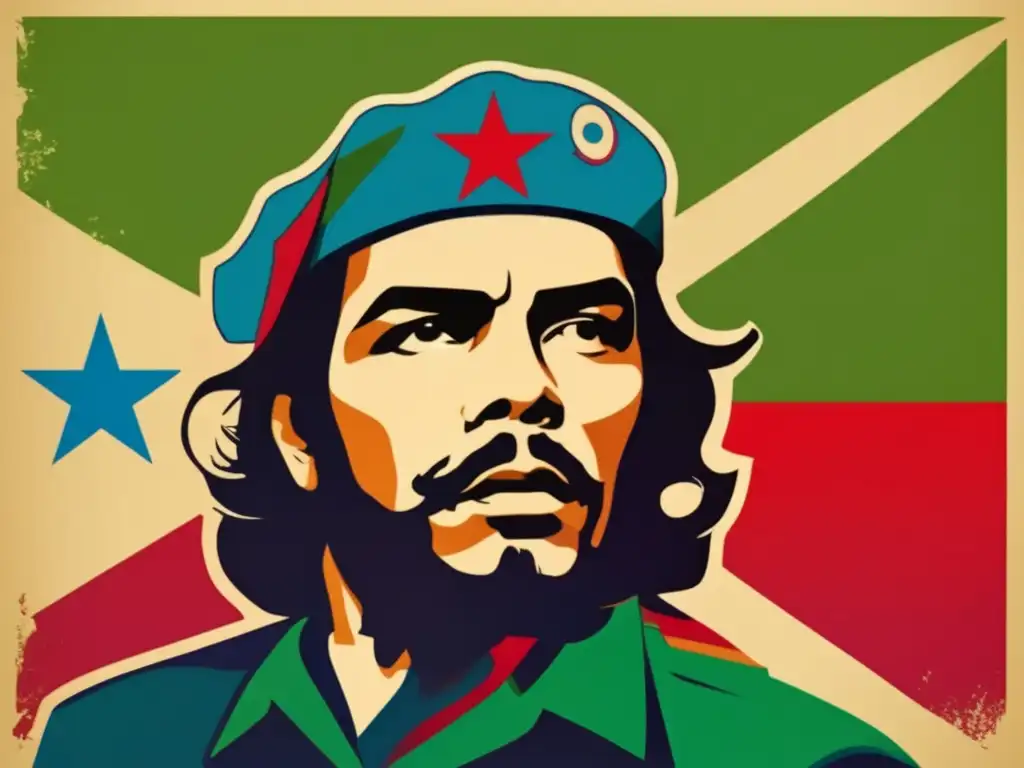 La imagen muestra un impactante arte digital moderno de Che Guevara en su icónica boina, con colores vibrantes que evocan fervor revolucionario
