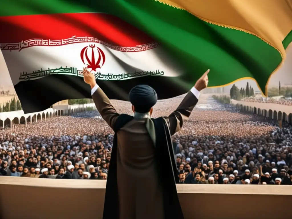 Una imagen impactante de Ayatollah Khomeini dando un apasionado discurso ante una multitud en Teherán, con la bandera iraní ondeando al fondo y un mar de emociones y determinación en los rostros de la gente