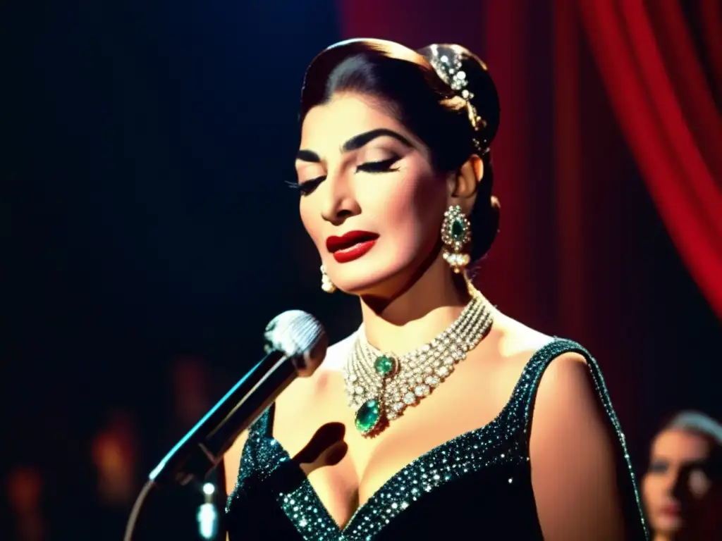 Una imagen impactante de Maria Callas en el escenario, transmitiendo emoción y pasión en su mirada