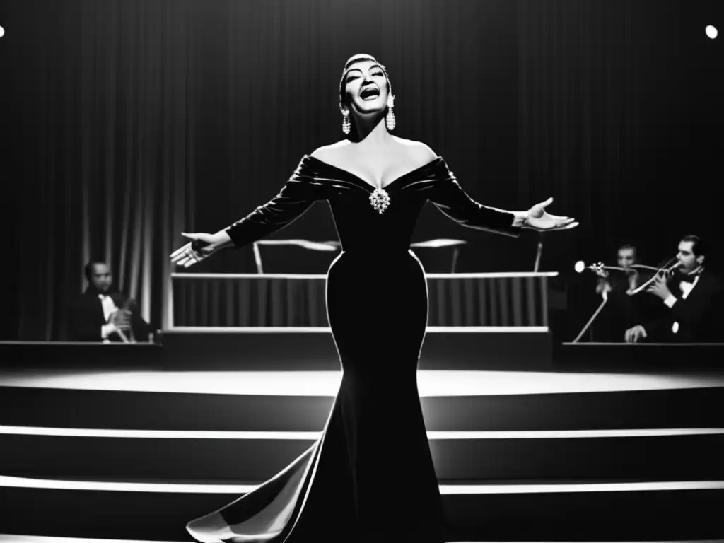 Una imagen impactante de Maria Callas en el escenario, entregando su legado vocal con pasión y confianza