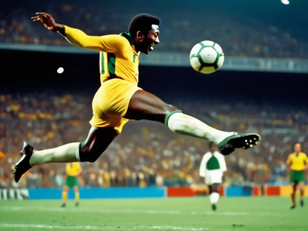 Imagen impactante de Pelé ejecutando una chilena en un momento crucial, capturando la intensidad y habilidad del legendario futbolista