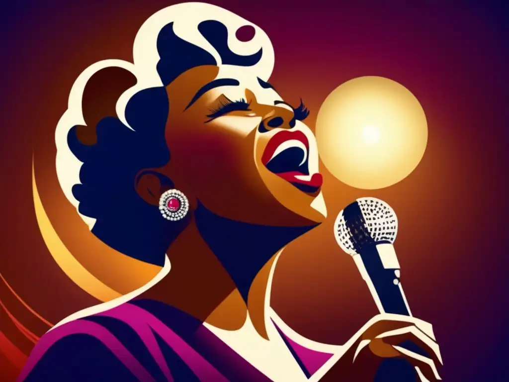 Una imagen impactante de Ella Fitzgerald actuando en un club de jazz, con una luz brillante iluminándola mientras canta apasionadamente al micrófono