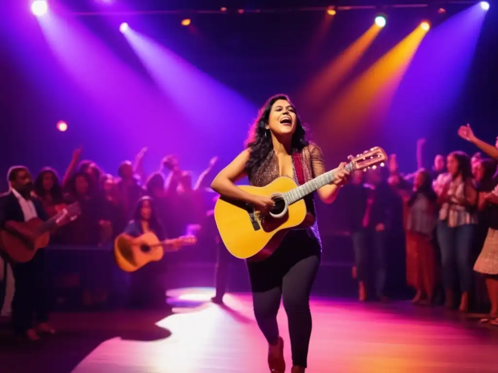 Una imagen impactante de Violeta Parra en concierto, conectando con su audiencia con música testimonio social