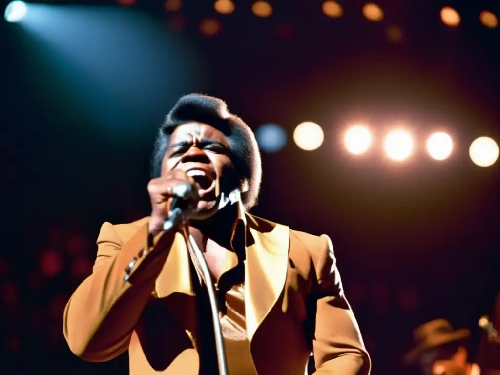 Una imagen impactante de James Brown en concierto, transmitiendo su pasión y energía