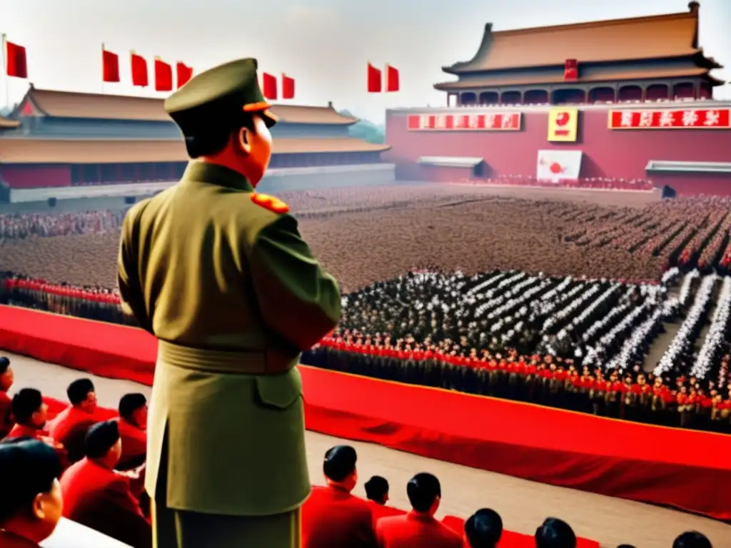 Una imagen impactante de Mao Zedong durante la Revolución Cultural China, con una multitud ferviente y banderas rojas vibrantes ondeando en el fondo