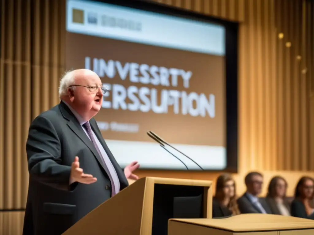 Una imagen impactante de Angus Deaton impartiendo una conferencia en una prestigiosa universidad, con un auditorio moderno y elegante de fondo