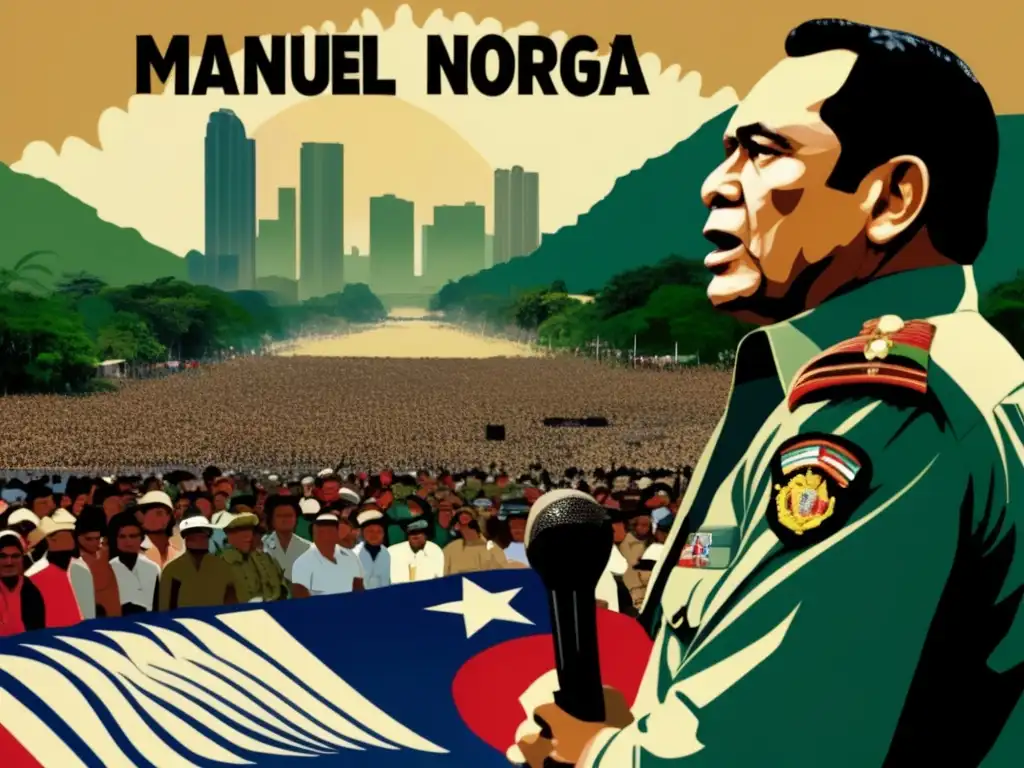 Una imagen impactante de Manuel Noriega dando un discurso en Panamá, con gráficos profesionales que representan la controversia de su gobierno