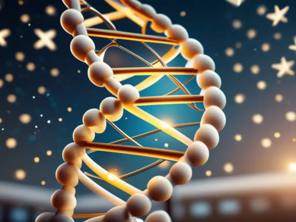 Una imagen impactante de una doble hélice de ADN entrelazada con símbolos religiosos en un laboratorio científico moderno