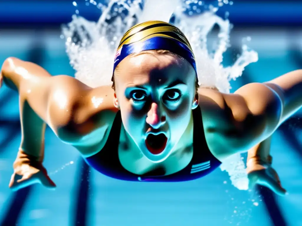 Una imagen impactante de Katie Ledecky demostrando su dominio en natación con un estilo libre impecable, potente y preciso
