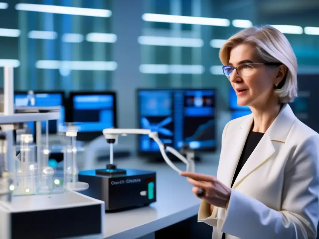 Una imagen impactante de Jennifer Doudna en su laboratorio, explicando el revolucionario sistema de edición génica CRISPR-Cas9 a sus colegas