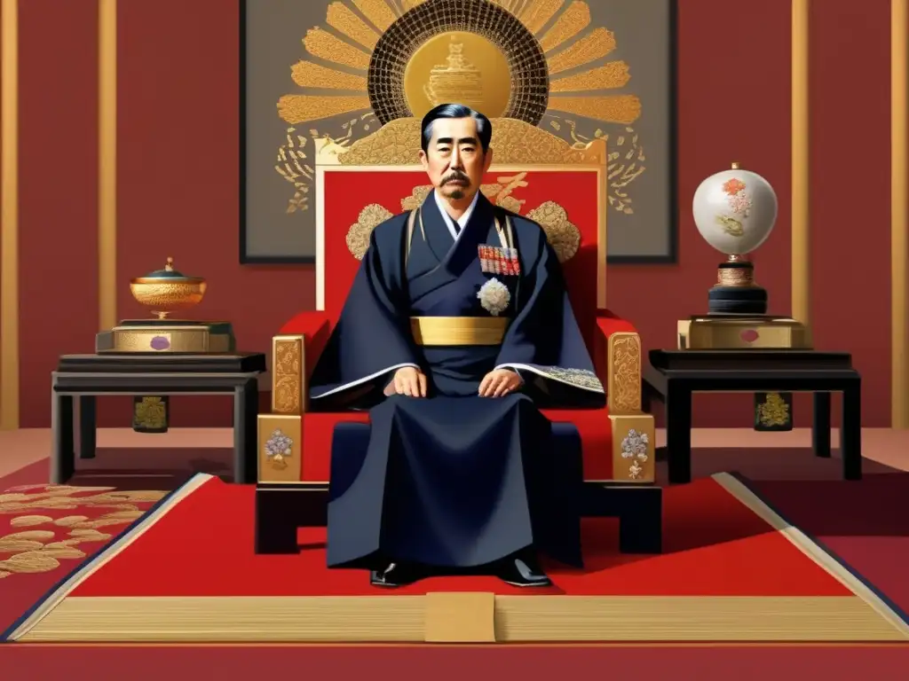 Imagen impactante del Emperador Hirohito en su trono, rodeado de simbolismo japonés