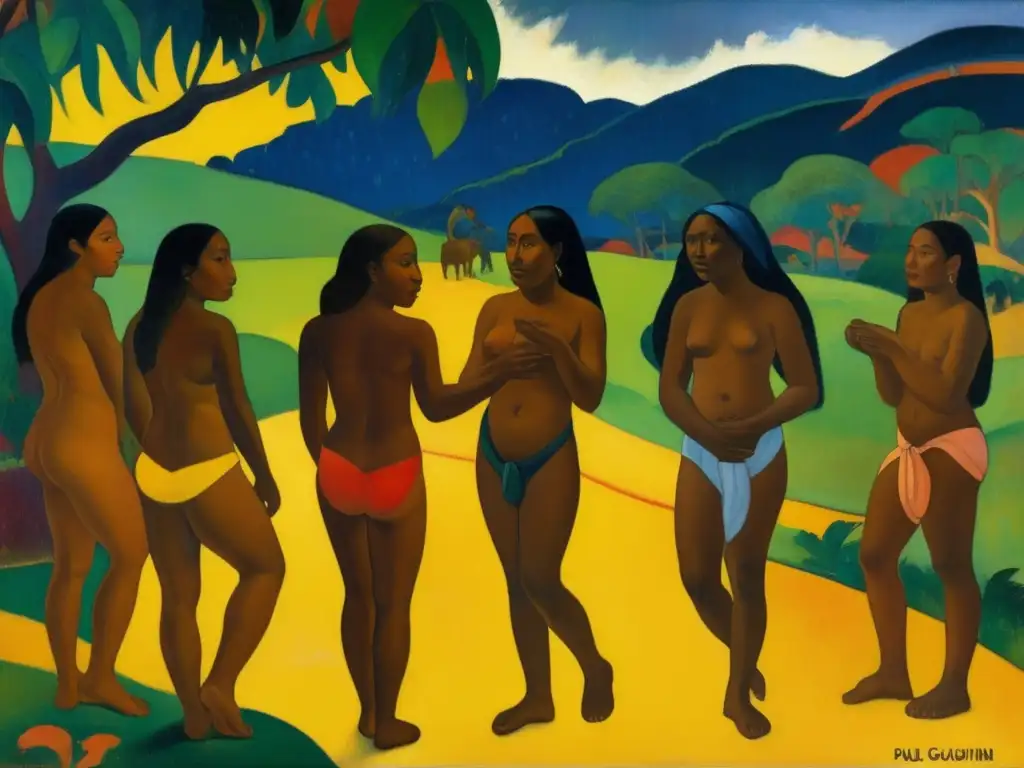Una imagen impactante de la famosa pintura de Gauguin 'D'ou venons nous / Que sommes nous / Ou allons nous', reflejando su influencia en el arte contemporáneo