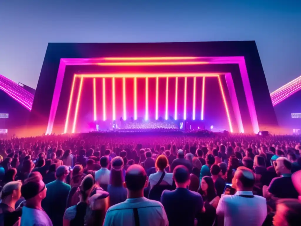 Una imagen impactante de un festival de música moderna, con luces neón, música electrónica y la influencia de Kraftwerk en la música electrónica