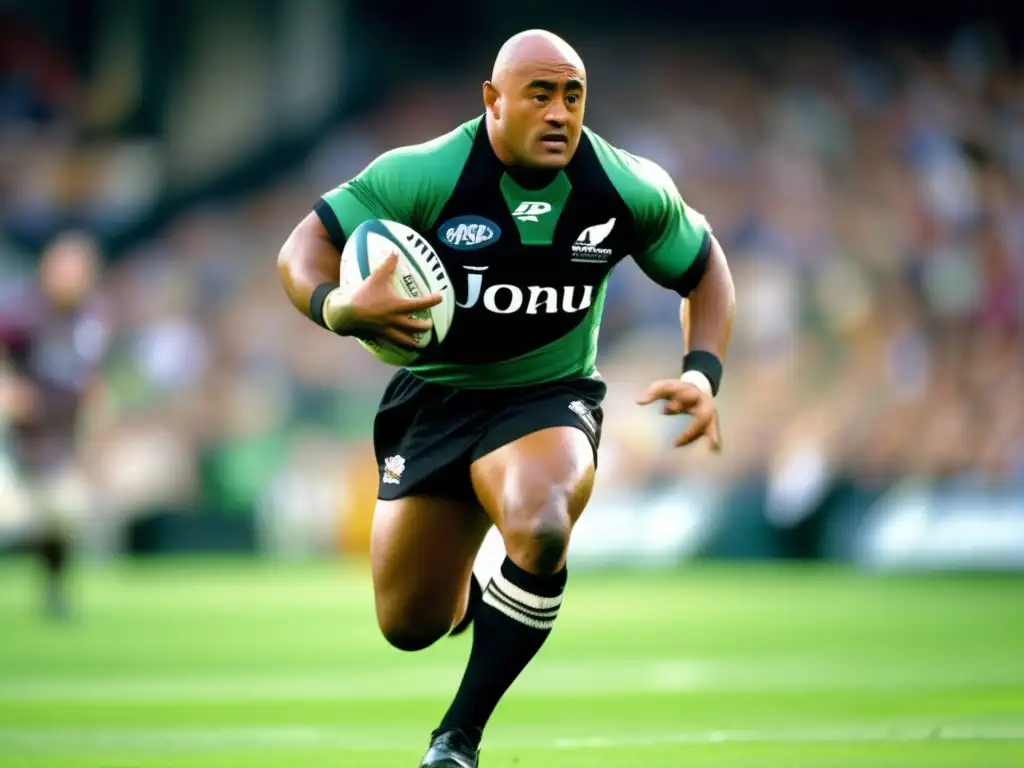 Imagen impactante de Jonah Lomu en acción, transmitiendo fuerza y ​​atletismo en el rugby