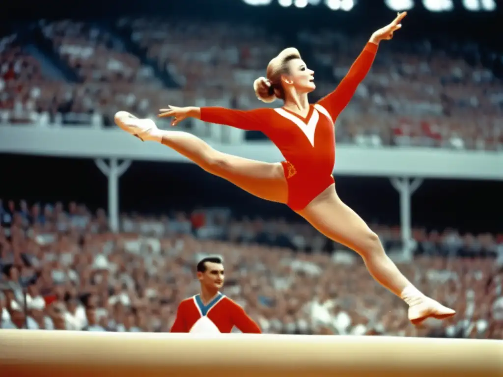 Una imagen impactante de Larisa Latynina, gimnasta soviética, realizando una impecable rutina de gimnasia en los Juegos Olímpicos de Melbourne 1956