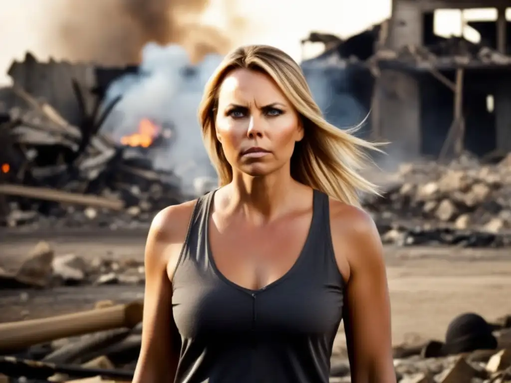 Una imagen impactante de Lara Logan, corresponsal de guerra, en una calle devastada, con determinación en su mirada