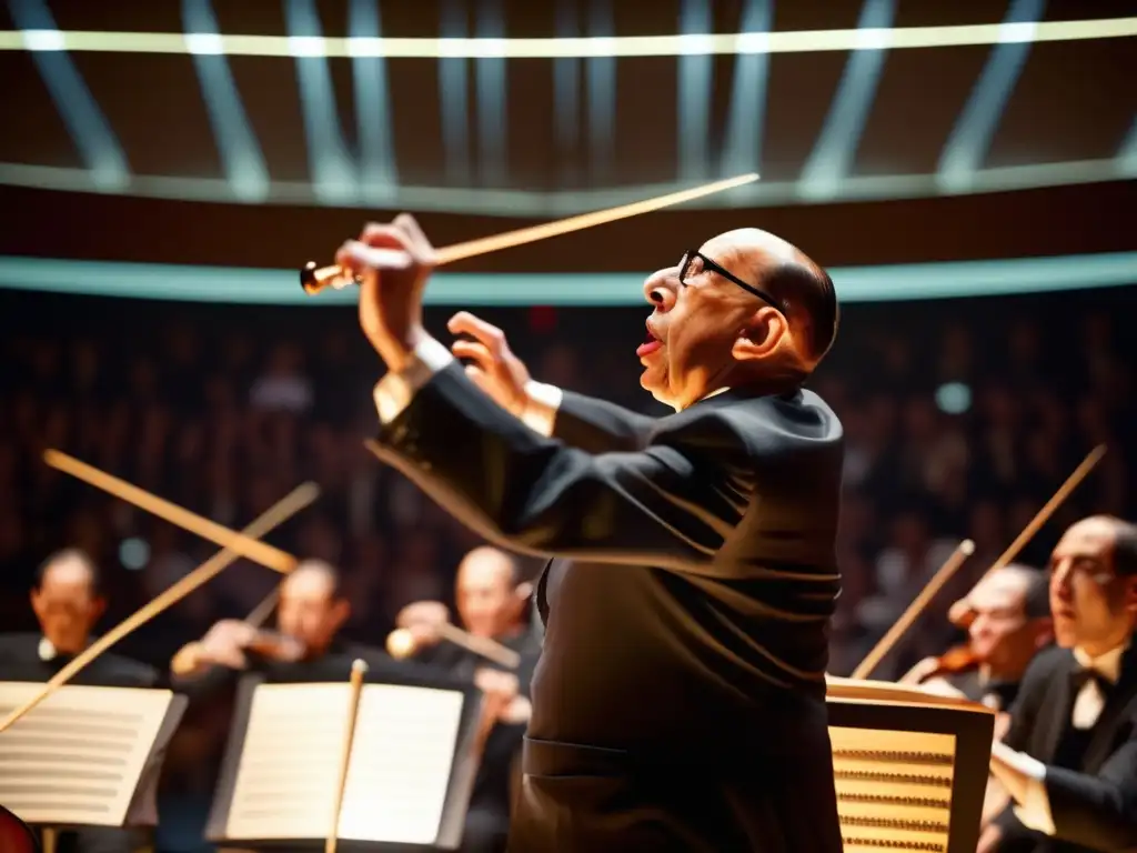 Una imagen impactante de Igor Stravinsky dirigiendo una orquesta con intensidad