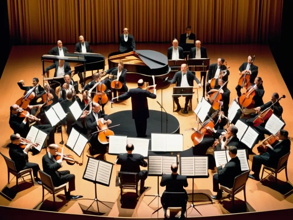 Una imagen impactante de Igor Stravinsky dirigiendo una orquesta con maestría