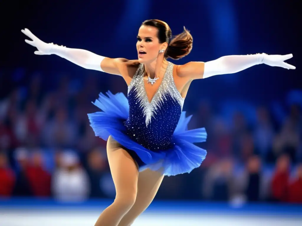 Una imagen impactante de Katarina Witt ejecutando un impecable salto triple axel en el hielo, destacando su elegancia y determinación