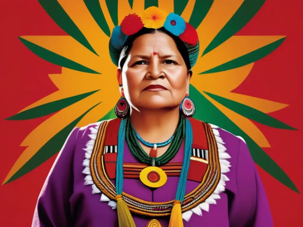 Una imagen impactante de Rigoberta Menchú, líder indígena, con expresión determinada, vistiendo atuendo tradicional y rodeada de símbolos de paz y empoderamiento