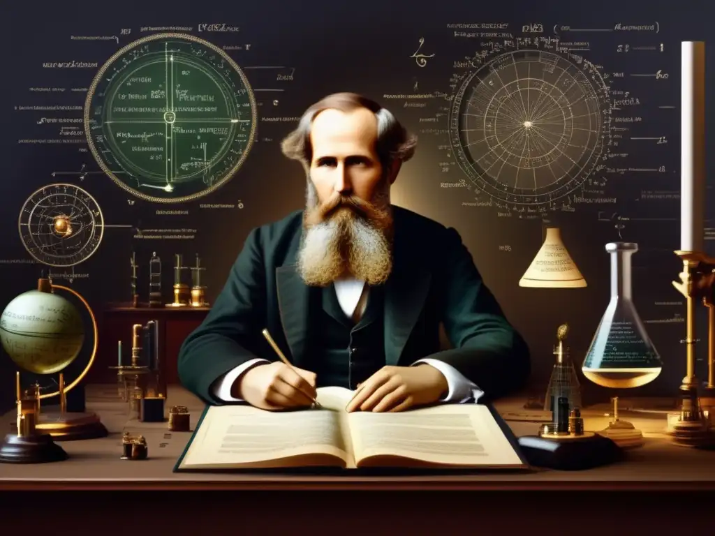 Una imagen impactante de James Clerk Maxwell inmerso en su trabajo científico, rodeado de instrumentos y ecuaciones