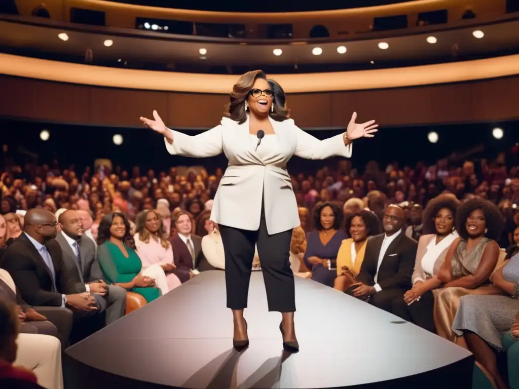 Una imagen impactante de Oprah Winfrey dando un inspirador discurso en un escenario, rodeada de una audiencia diversa