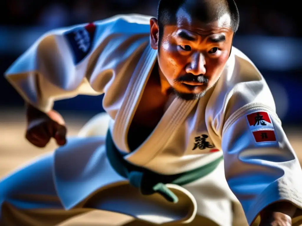 Una imagen impactante del judoca Yasuhiro Yamashita ejecutando un impecable lanzamiento de judo, con enfoque e intensidad