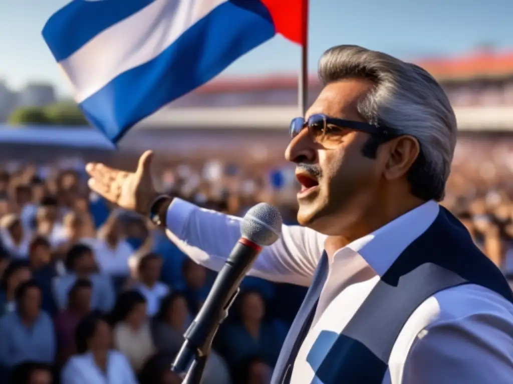 Una imagen impactante de Julio María Sanguinetti liderando con carisma y convicción en Uruguay, con la bandera al fondo