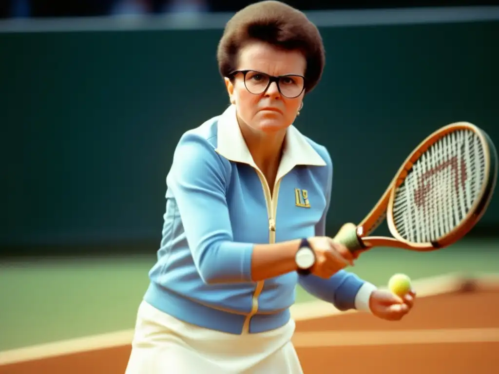Una imagen impactante de Billie Jean King, leyenda del tenis olímpico, con expresión determinada y raqueta en mano, reflejando su legado