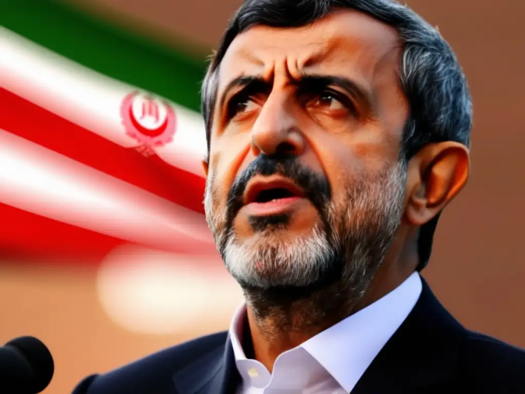 Una imagen impactante de Mahmoud Ahmadinejad dirigiéndose a una multitud, con la bandera iraní de fondo y una expresión determinada en su rostro
