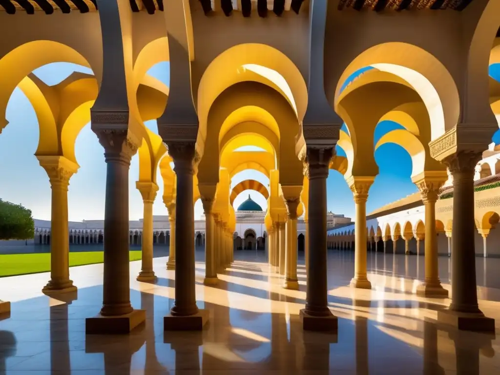 Una imagen impactante de la Mezquita-Catedral de Córdoba, con su arquitectura intrincada y juego de luces y sombras en los arcos y columnas icónicos